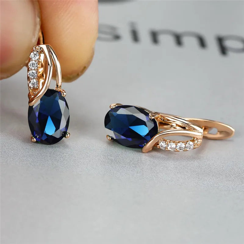 Crystal Purple Oval Stone Jewelry Rose Gold Color Wedding Hoop Earrings For Women