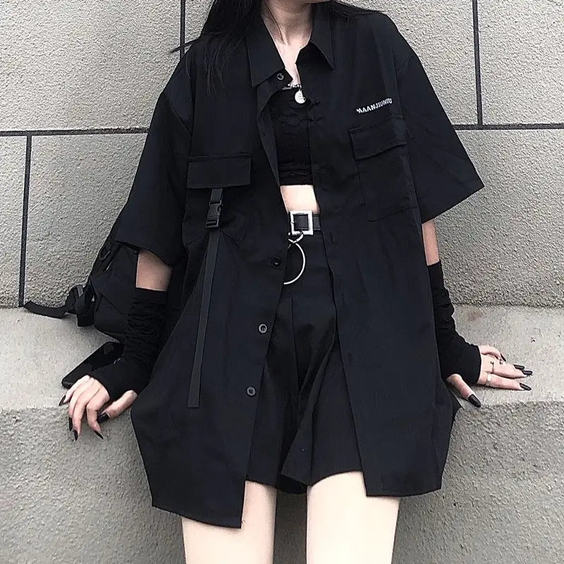 Gothic Skirt Set Loose Shirt Pleated Mini Skirts 2 Piece Sets Korean Retro Casual Outfits Women Spring Summer Aesthetic Y2k Suit