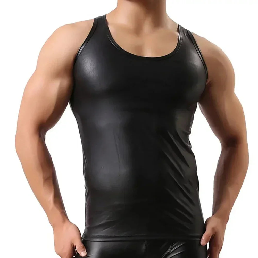New Men Faux Leather Undershirt Tank Tops Vest Sexy Sleeveless T-Shirt Crop Top Solid Black Vest T Shirt For Man Clothing