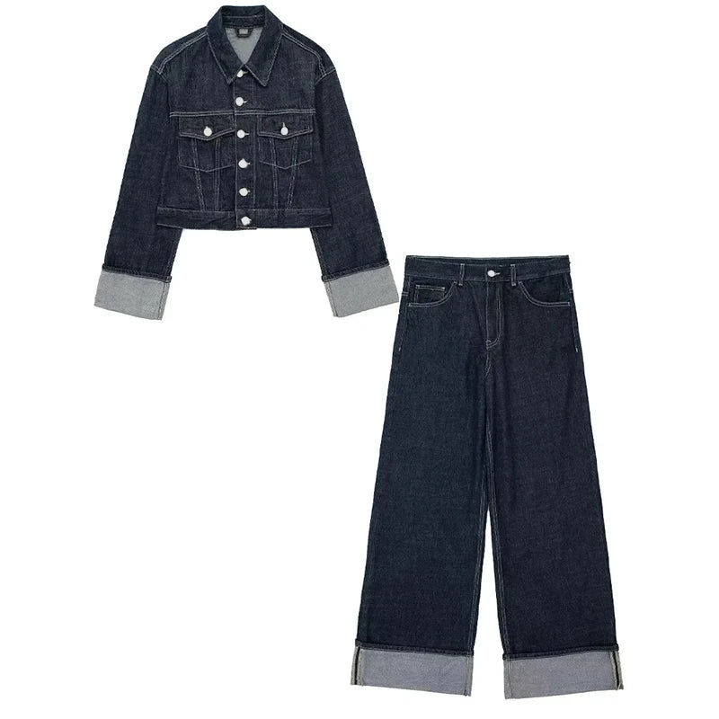 TRAFZA 2024 Women's Denim Pants Set Long Sleeve Jacket Coat+ Solid Pocket Baggy Long Pants Casual Loose Streetwear Mujer Roupas