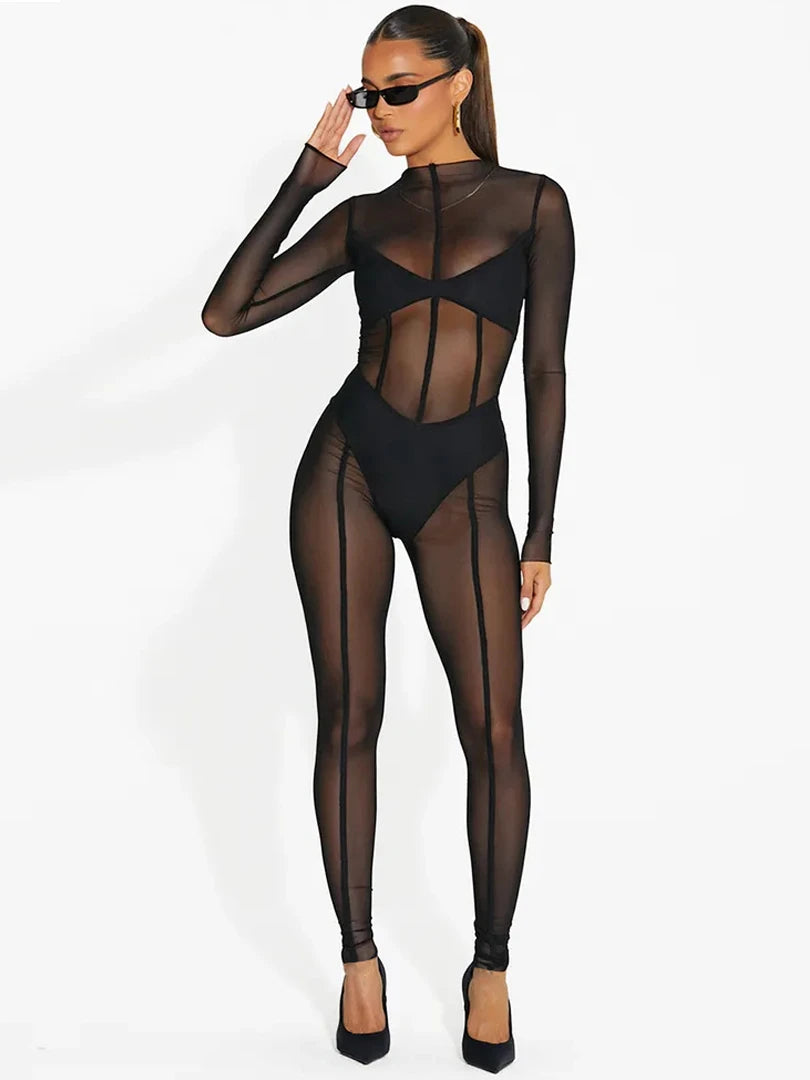 Dulzura Solid Mesh Long Sleeve O-Neck Jumpsuit See Through 2023 Summer For Women Sexy Y2K Birthday Evening Clubwear Sheath