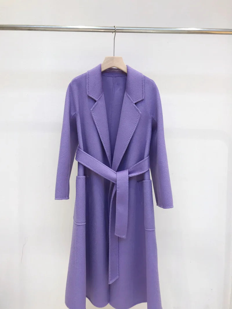 Korean Women Handmade Hepburn Corrugated Water Ripples Coat Double-sided Cashmere Wool Long Woolen Jacket Cashmere Coat Max