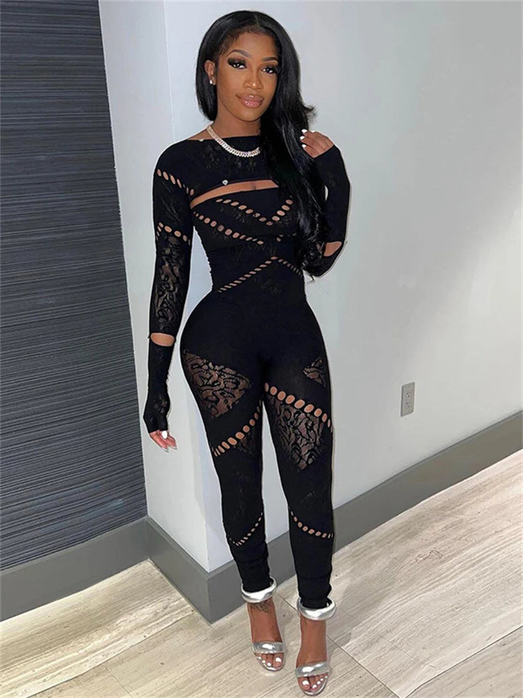 kliou Autumn Women Ankle-Length Sexy Jumpsuit M23Q37017 Girl Burn-out Hole Slim One Piece Overall Miss Solid Party Club Attire