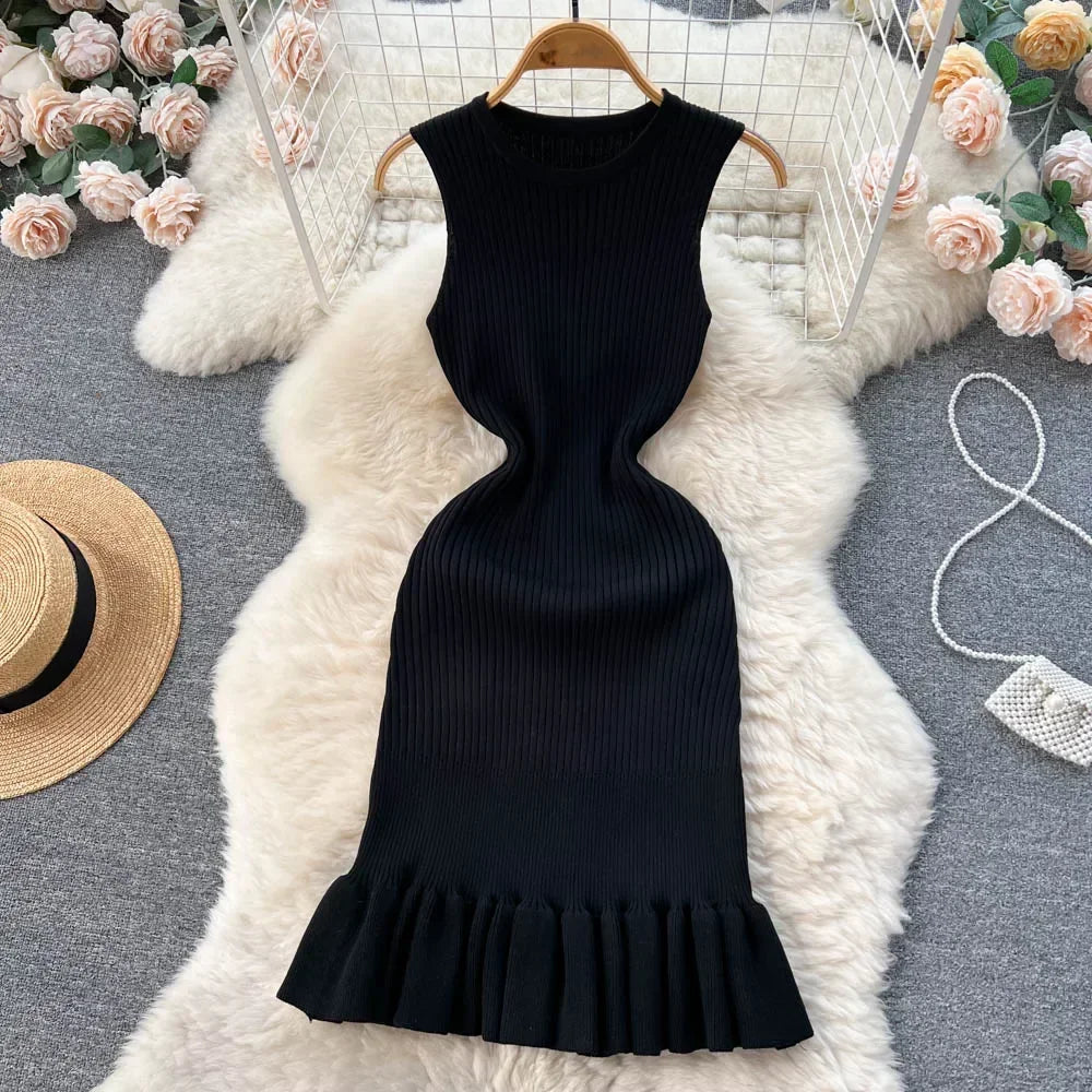 Abrini Summer Women Knitted Sexy Bodycon Dress O-Neck Sleeveless Ruffled Party Sundress High Street Elastic Slim Solid Dress