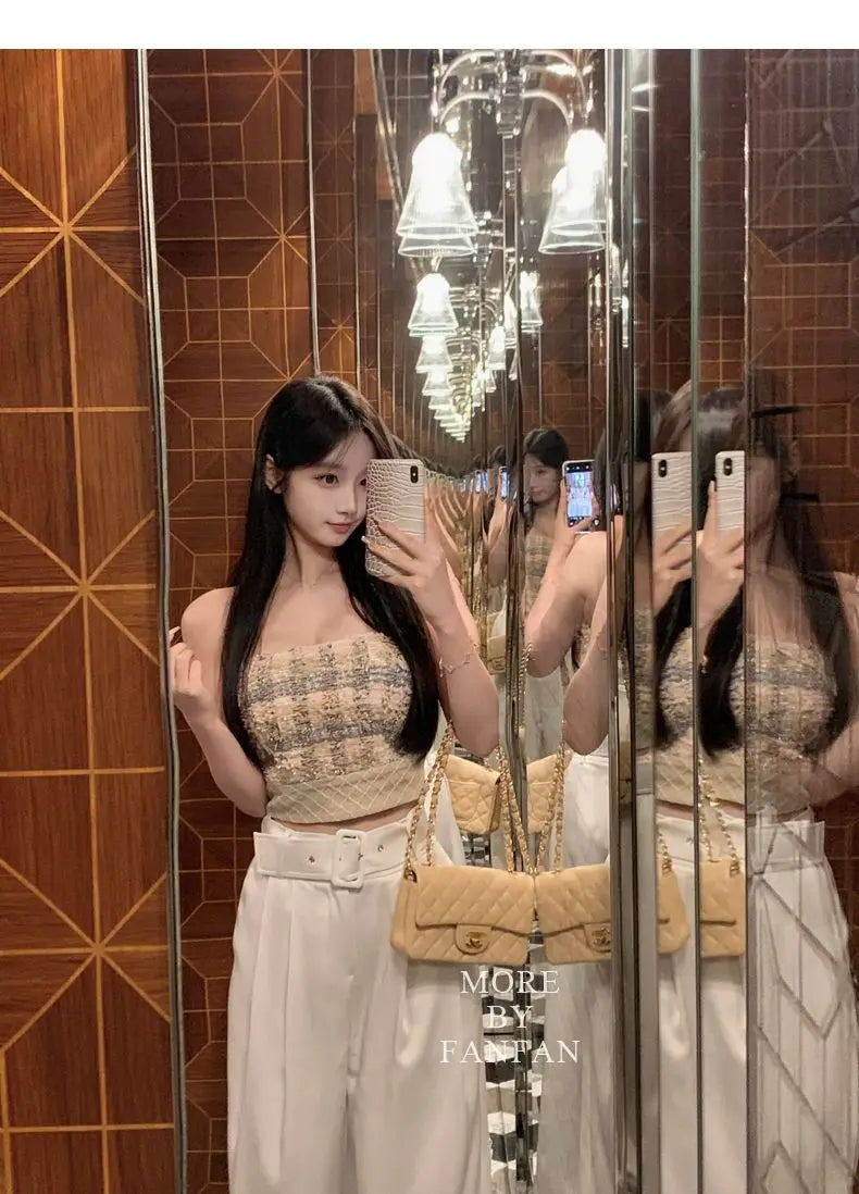Sexy  Camis Plaid Chic  tube top Slim Korean Tanks Top Sleeveless Elegant  Crop Top Summer Women Bustier