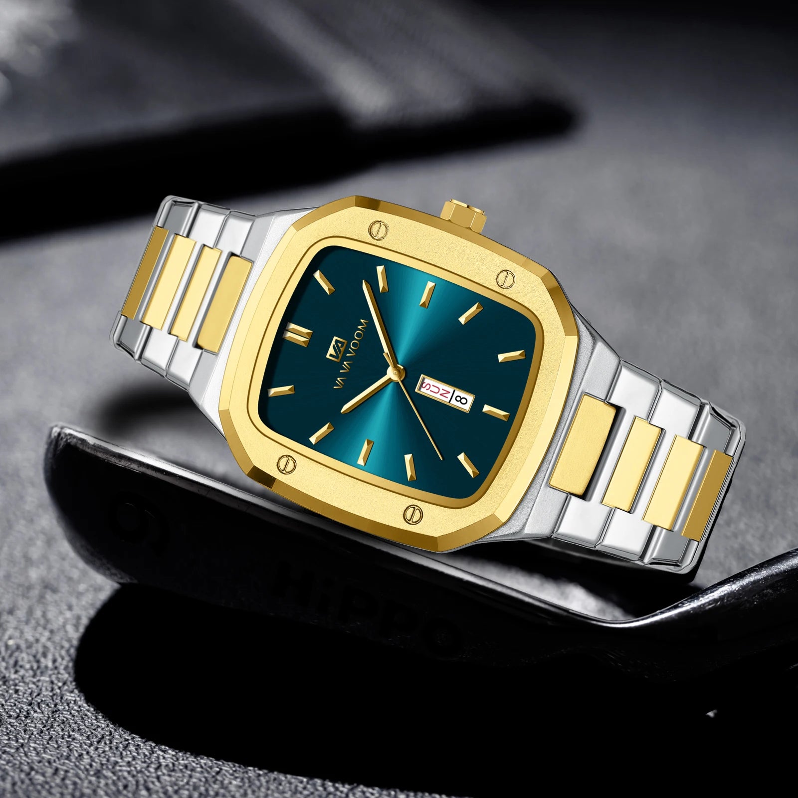 2025 New Men Watch Fashion Square Stainless Steel Blue Gold 3Bar Waterproof Quartz Calendar Simulated Business Sports WristWatch