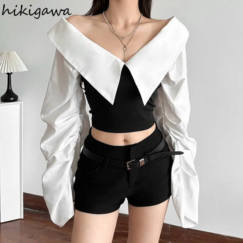 2025 Ropa Mujer Y2k Woman T Shirts Contrast Color Slash Neck Sexy Tees Crop Tops Slim Waist Fashion Casual Streetwear Tshirts
