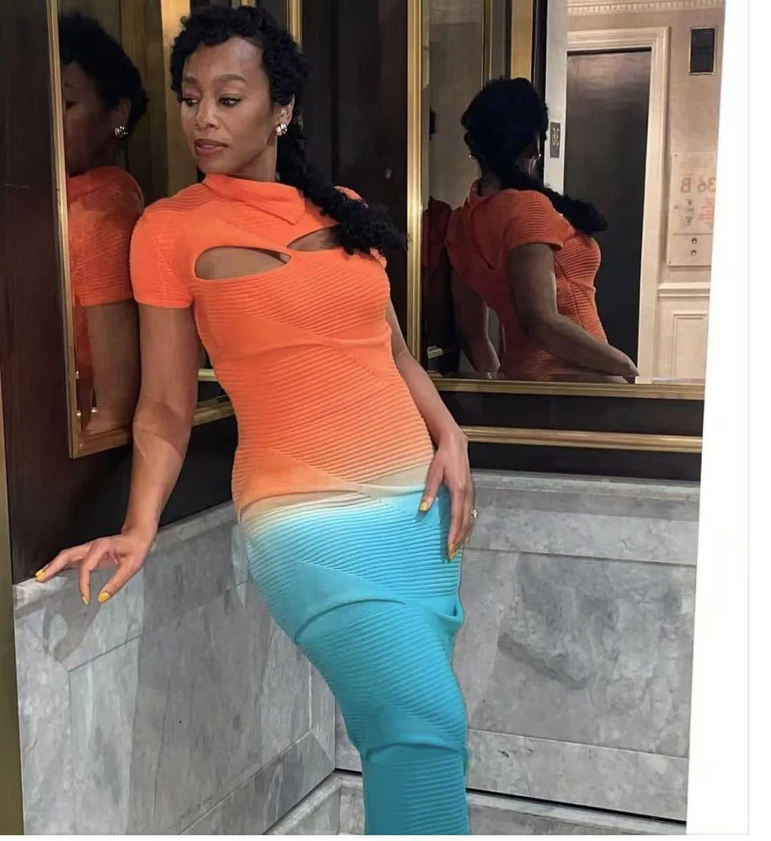 Sexy Knitted Gradient Orange Blue Hollow Out Maxi Dress Women Fashion Short Sleeve Skinny Stretch Tassel Y2K Birthday Long Dress