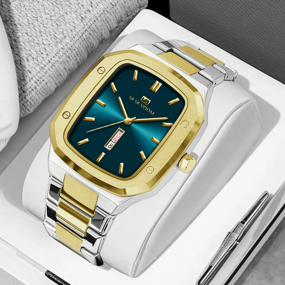 2025 New Men Watch Fashion Square Stainless Steel Blue Gold 3Bar Waterproof Quartz Calendar Simulated Business Sports WristWatch