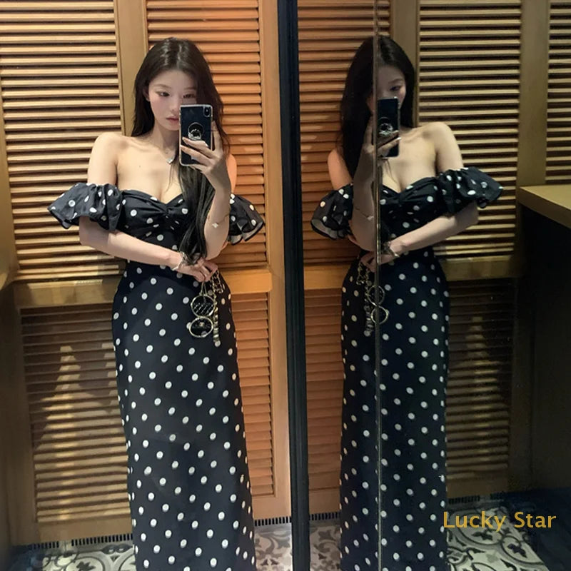 French Retro Off-Shoulder Polka Dot Printed Dresses Women Summer Sheath Holiday Elegant Female Long Dress