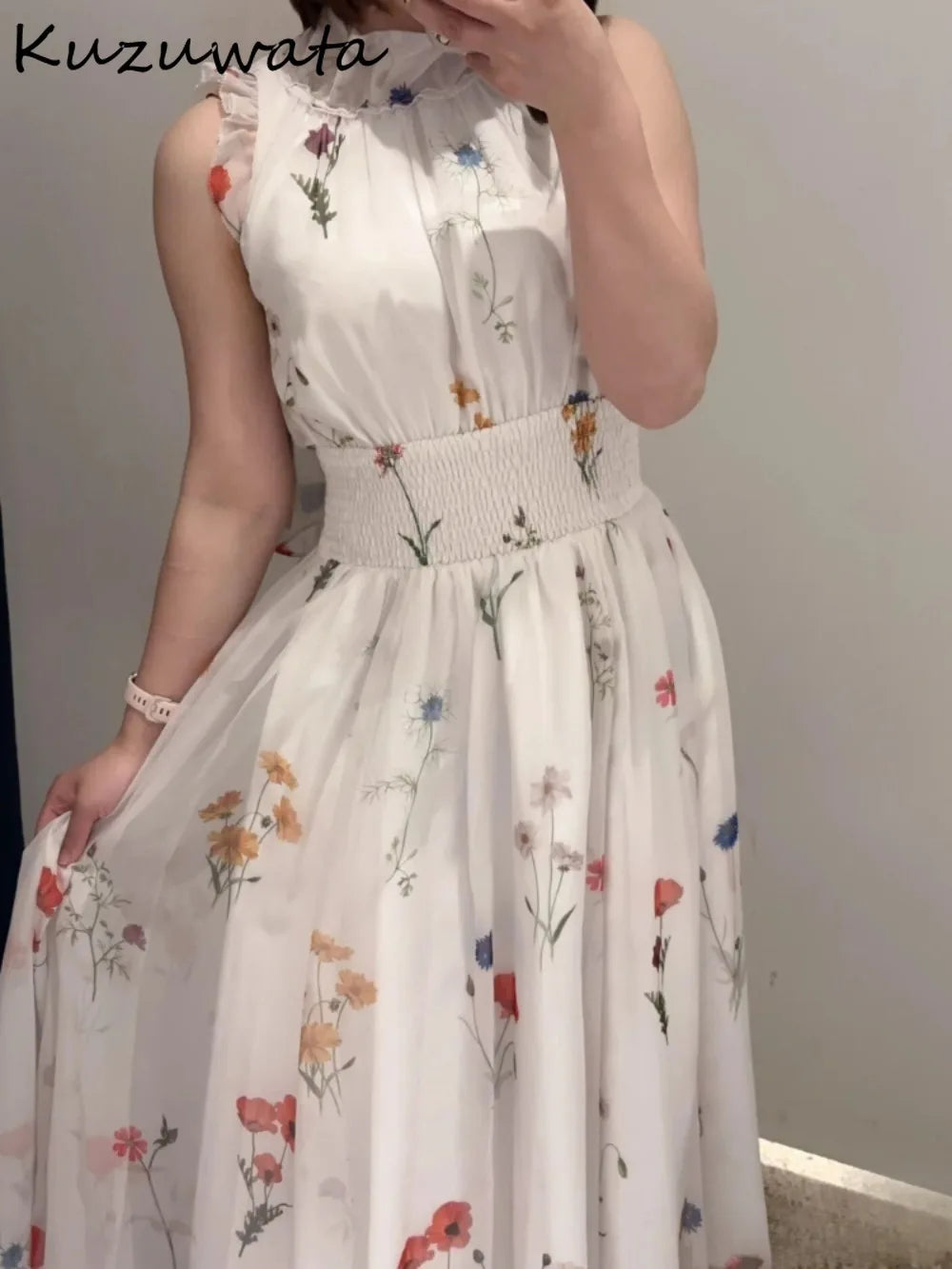 Kuzuwata New Ruffles Halter Flying Sleeve Vestidos Print Lace Up Ball Gown Princess Sweet Robe Japan Slim Waist Elegant Dress