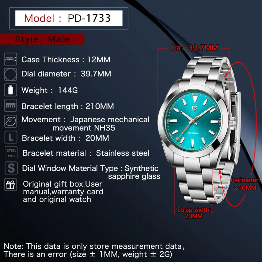Pagani design2025 men's luxury mechanical watch men's NH35 movement automatic watch Sapphire 10bar stainless steel fashion clock