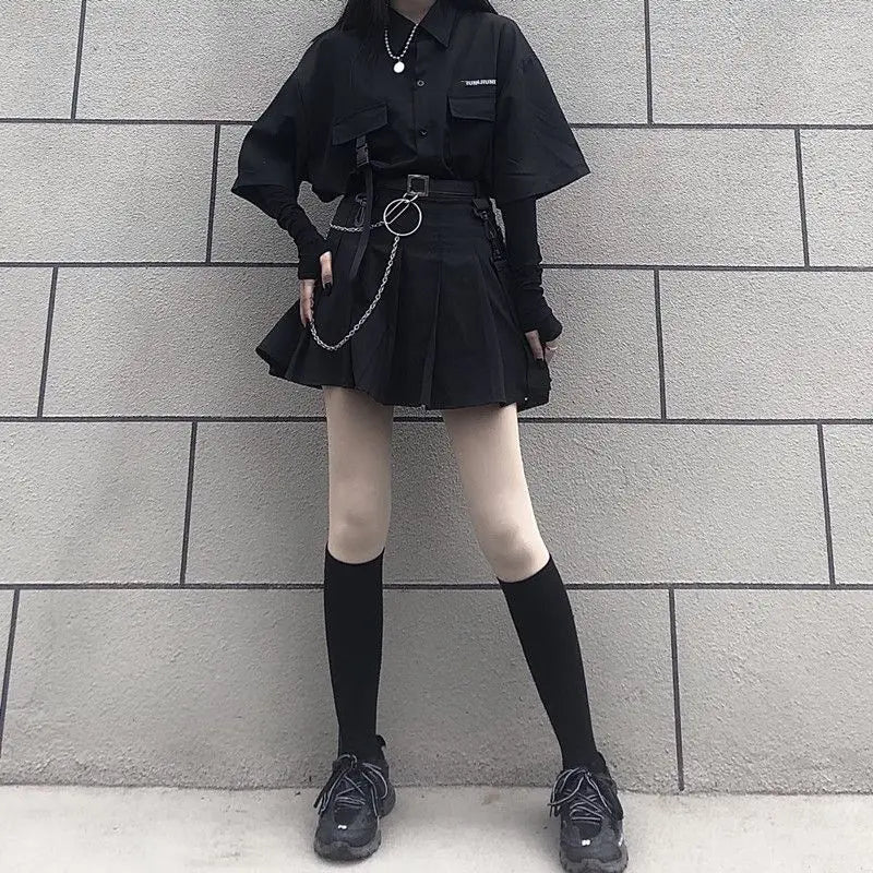 Gothic Skirt Set Loose Shirt Pleated Mini Skirts 2 Piece Sets Korean Retro Casual Outfits Women Spring Summer Aesthetic Y2k Suit