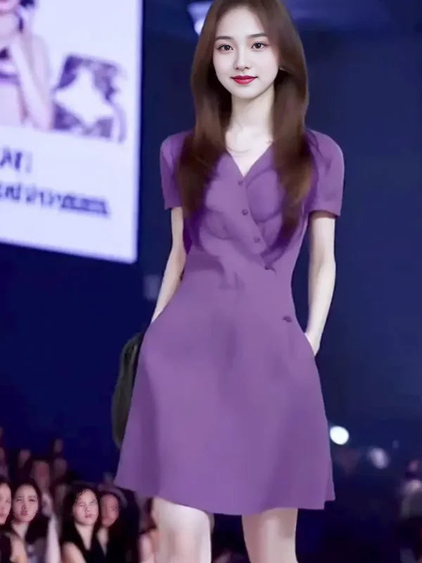 Short Sleeve Dress for Women, 2025 Summer New Korean Version Sweet Slim Waist Midi Dress