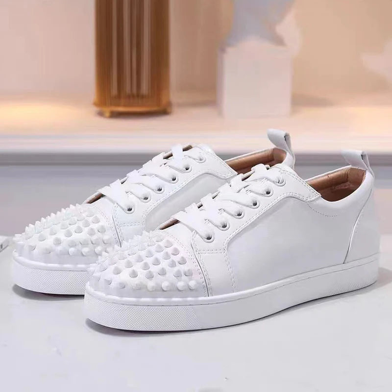 big size men fashion rivets shoes black white original leather flats shoe hip hop punk personality platform studded sneakers man