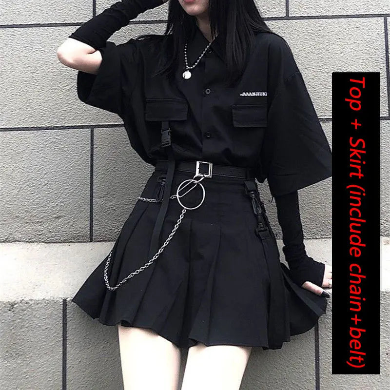 Gothic Skirt Set Loose Shirt Pleated Mini Skirts 2 Piece Sets Korean Retro Casual Outfits Women Spring Summer Aesthetic Y2k Suit