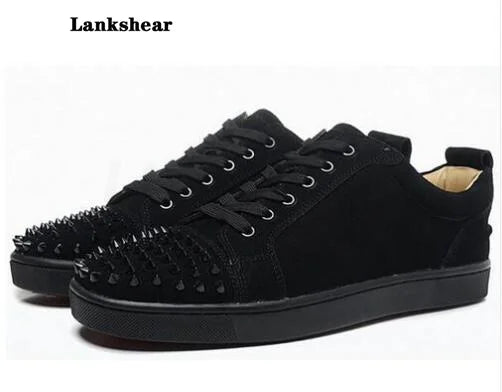 Men Suede Flat Cool Rivets Lace-Up Sneakers Newest Round Toe Black Red Blue Green Grey Studs Causal Flat Shoes Work Shoes