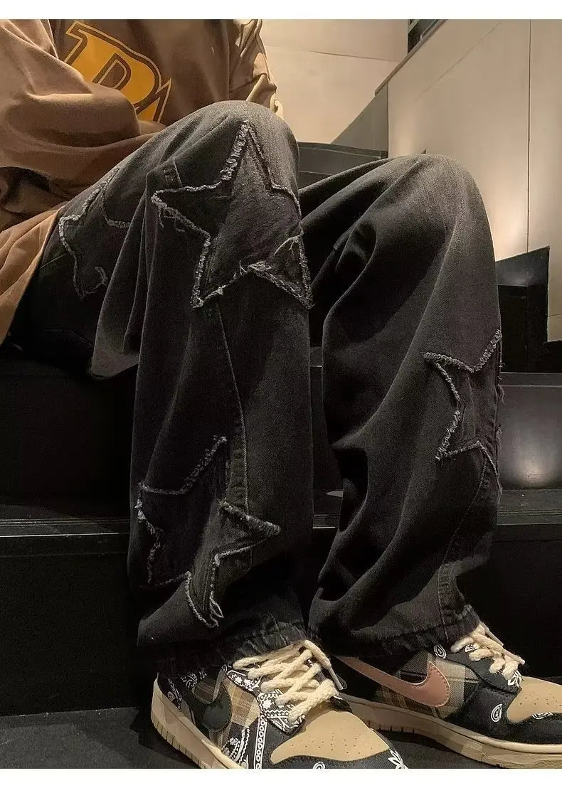 Star Embroidery Straight Casual Men Jeans Gothic Neutral New Wide Leg Loose Hip-hop Streetwear Denim Trousers Y2K pants man