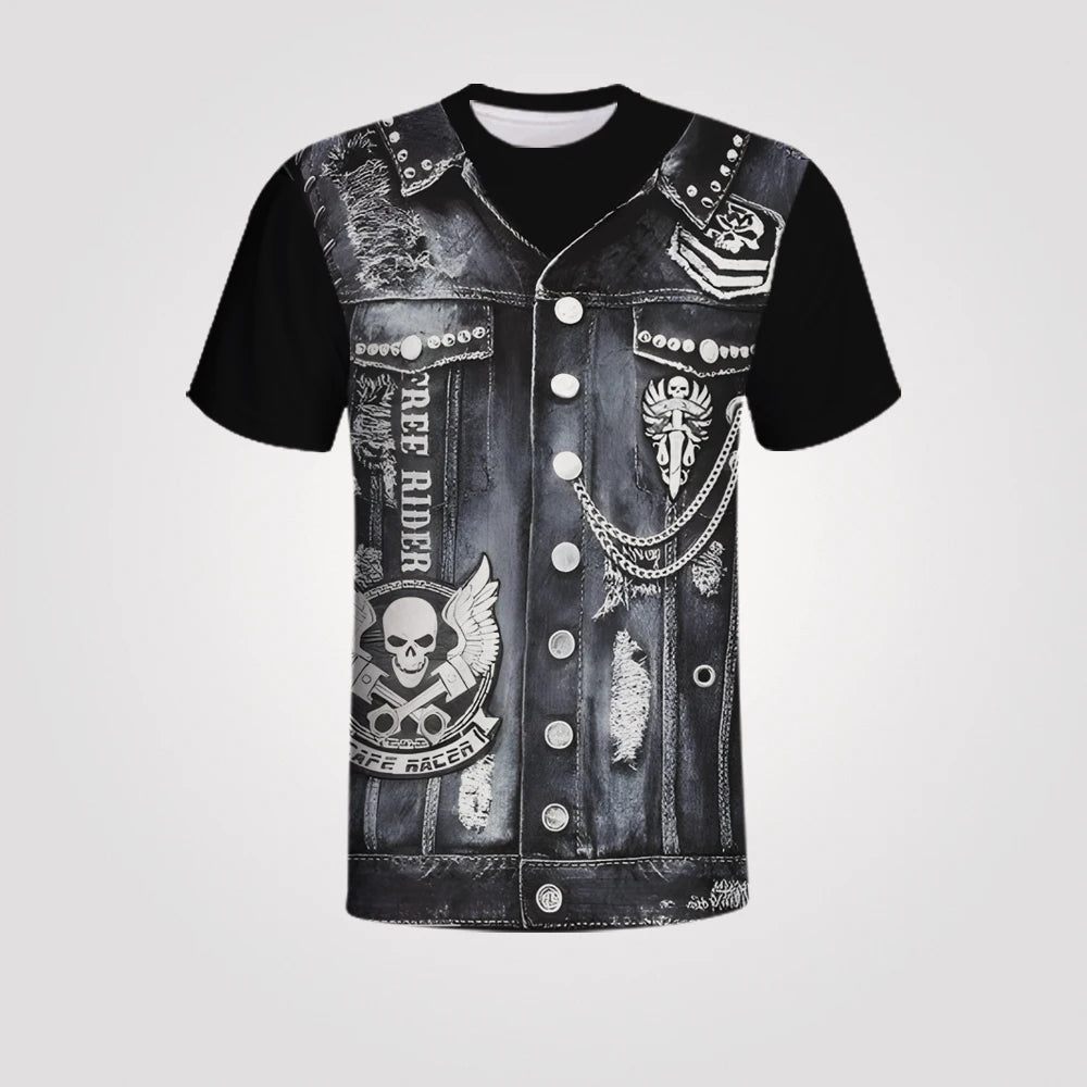 Jeans Jacket 3D Print T-shirts For Men Oversized Short Sleeve Clothing Leather Printing Round Neck Vintage Summer Biker Jacket