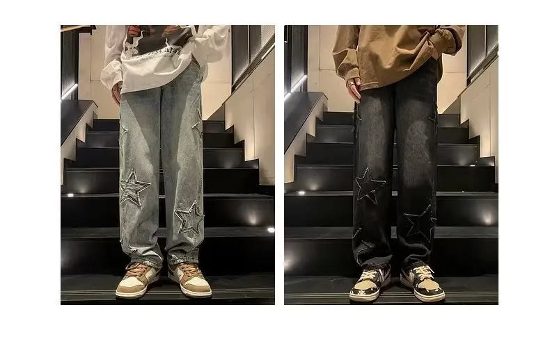 Star Embroidery Straight Casual Men Jeans Gothic Neutral New Wide Leg Loose Hip-hop Streetwear Denim Trousers Y2K pants man