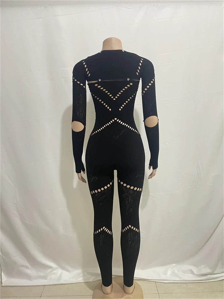 kliou Autumn Women Ankle-Length Sexy Jumpsuit M23Q37017 Girl Burn-out Hole Slim One Piece Overall Miss Solid Party Club Attire