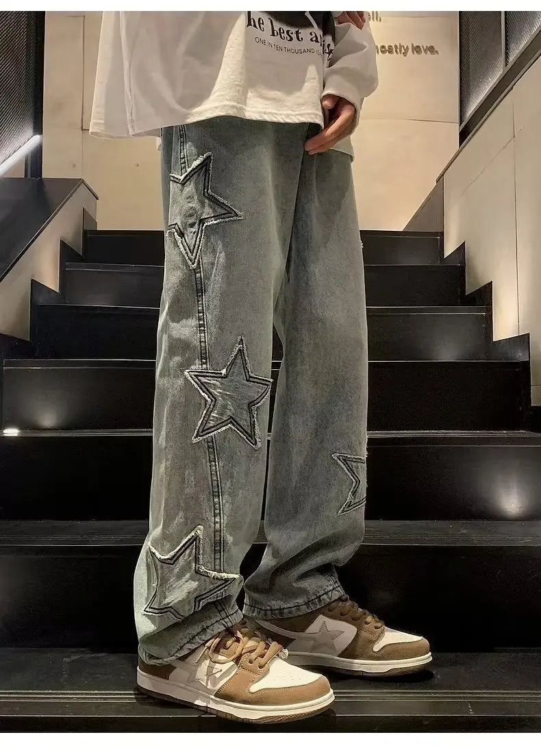 Star Embroidery Straight Casual Men Jeans Gothic Neutral New Wide Leg Loose Hip-hop Streetwear Denim Trousers Y2K pants man
