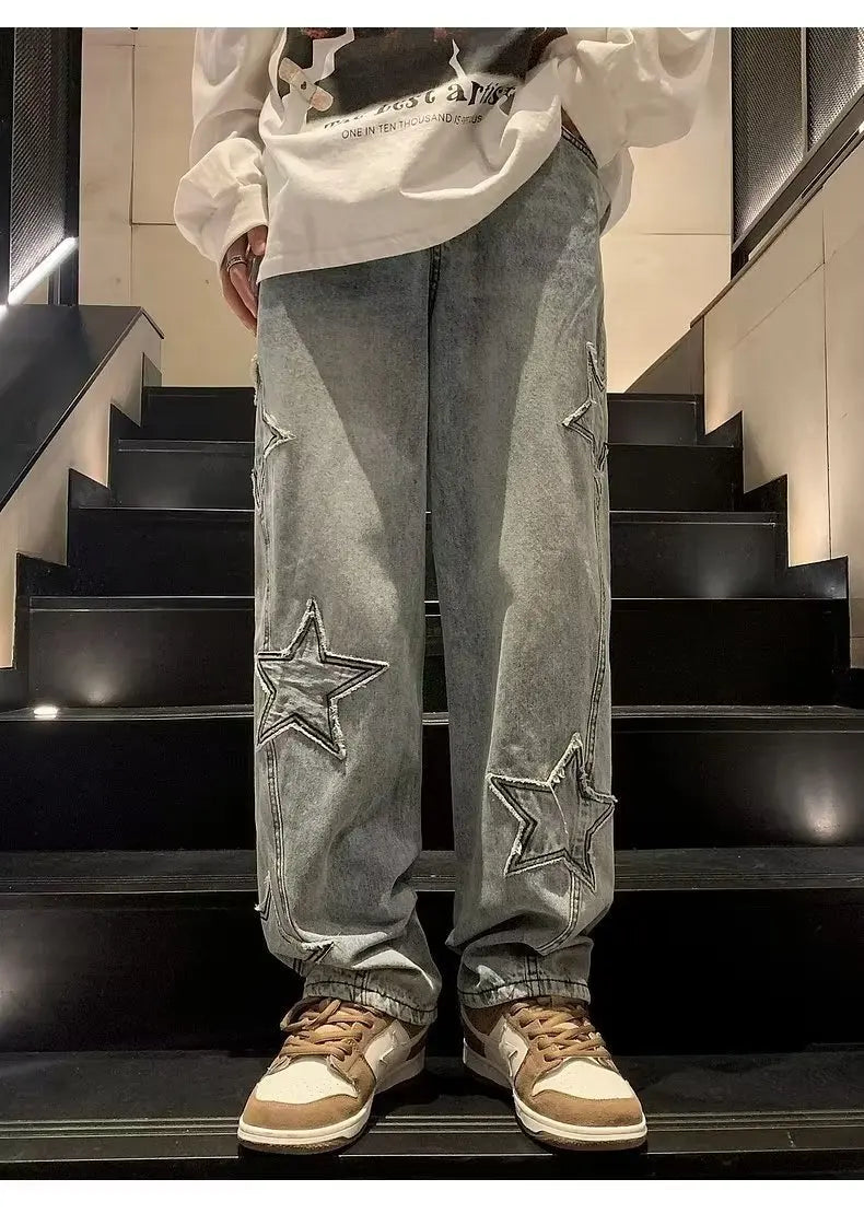 Star Embroidery Straight Casual Men Jeans Gothic Neutral New Wide Leg Loose Hip-hop Streetwear Denim Trousers Y2K pants man