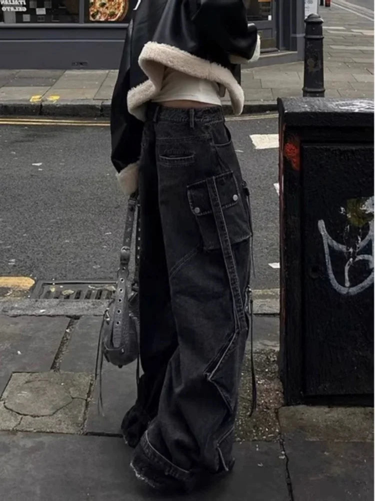 2024 Punk Style Y2K Streetwear Washed Black Baggy Cargo Jeans Pants For Women Designer Clothes Wide Leg Lady Trousers Ropa Mujer
