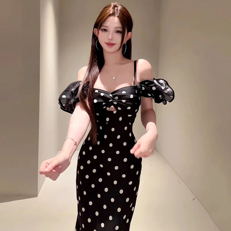 French Retro Off-Shoulder Polka Dot Printed Dresses Women Summer Sheath Holiday Elegant Female Long Dress