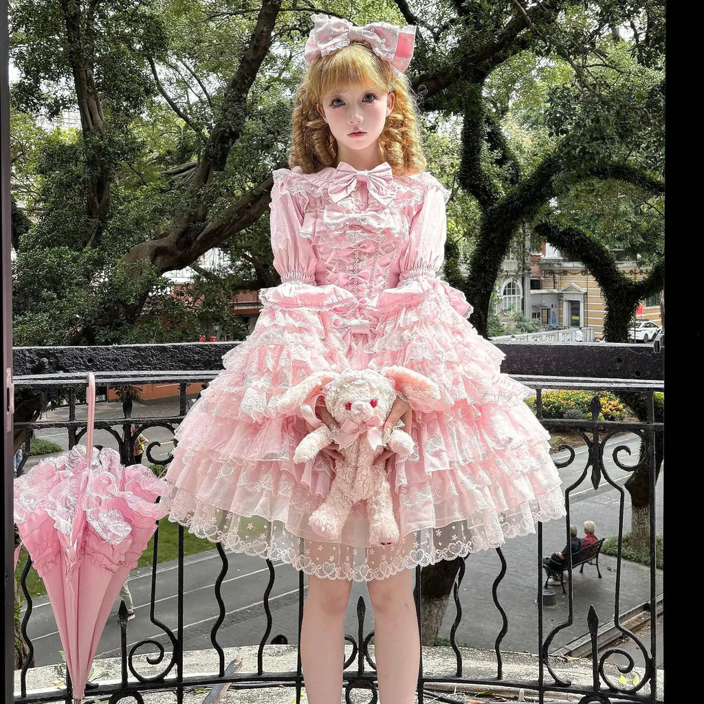 Women's Lolita Pink Dress Jsk Bow Lace Stitching Cute Sweet Girls Suspender Dress Lady Long Sleeve Inner Shirt Y2k Hairpin Cloak