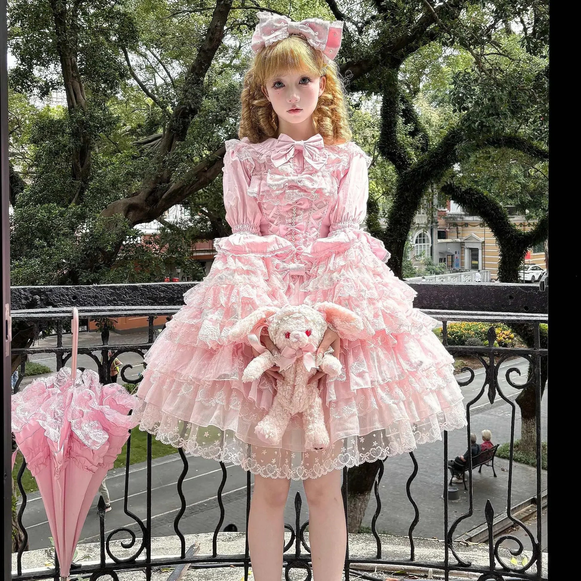 Women's Lolita Pink Dress Jsk Bow Lace Stitching Cute Sweet Girls Suspender Dress Lady Long Sleeve Inner Shirt Y2k Hairpin Cloak