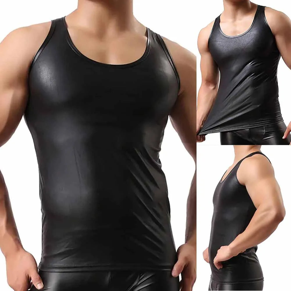 New Men Faux Leather Undershirt Tank Tops Vest Sexy Sleeveless T-Shirt Crop Top Solid Black Vest T Shirt For Man Clothing