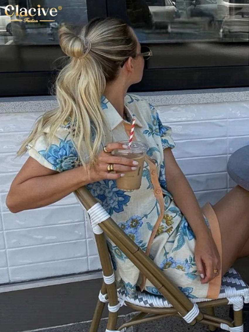 Clacive Summer Loose Print Women 2 Piece Set Outfit 2025 Vintage Short Sleeve Shirt With High Waist Mini Skirt Set Streetwear
