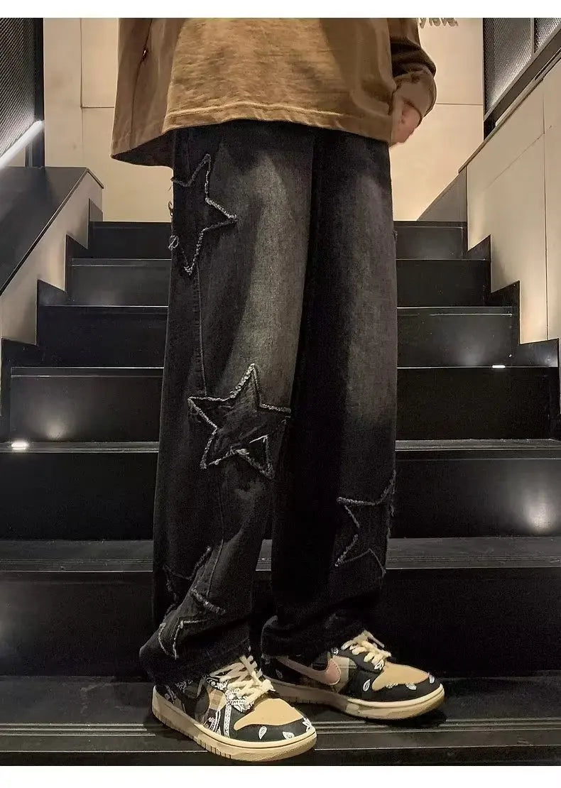 Star Embroidery Straight Casual Men Jeans Gothic Neutral New Wide Leg Loose Hip-hop Streetwear Denim Trousers Y2K pants man