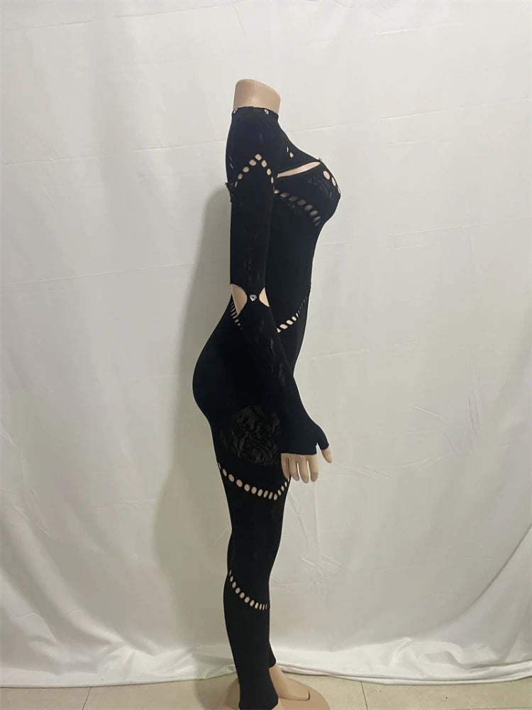 kliou Autumn Women Ankle-Length Sexy Jumpsuit M23Q37017 Girl Burn-out Hole Slim One Piece Overall Miss Solid Party Club Attire