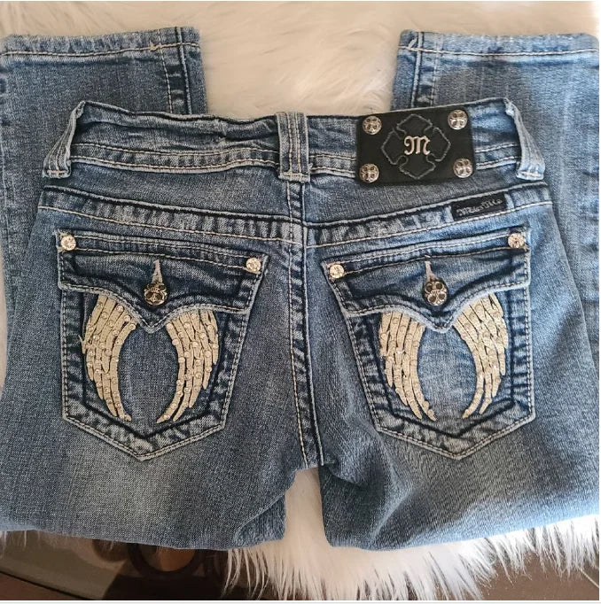 2025 New American Retro Flame Embroidery Baggy Women's Jeans Y2K Harajuku Hip Hop Gothic High Waist Wide Trousers Street Wear