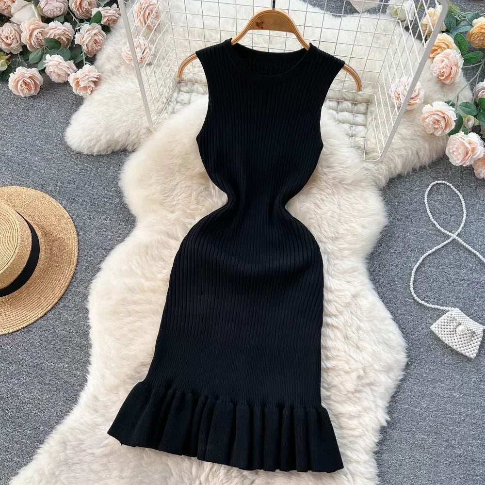 Abrini Summer Women Knitted Sexy Bodycon Dress O-Neck Sleeveless Ruffled Party Sundress High Street Elastic Slim Solid Dress