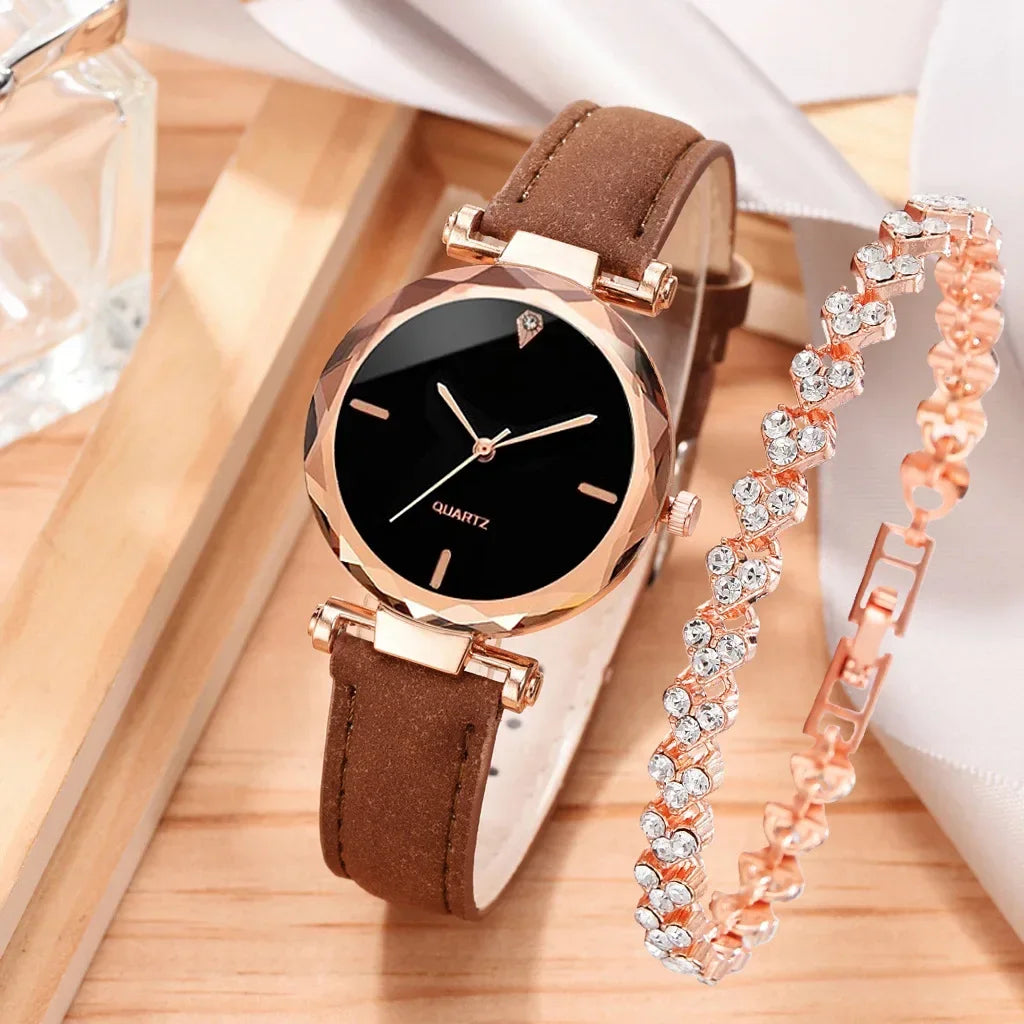 2pcs Luxury Fashion Women Watch Set PU Leather Strap Ladies Quartz Wristwatch Rhinestone RoseGold Alloy Bracelet For Ladies Gift