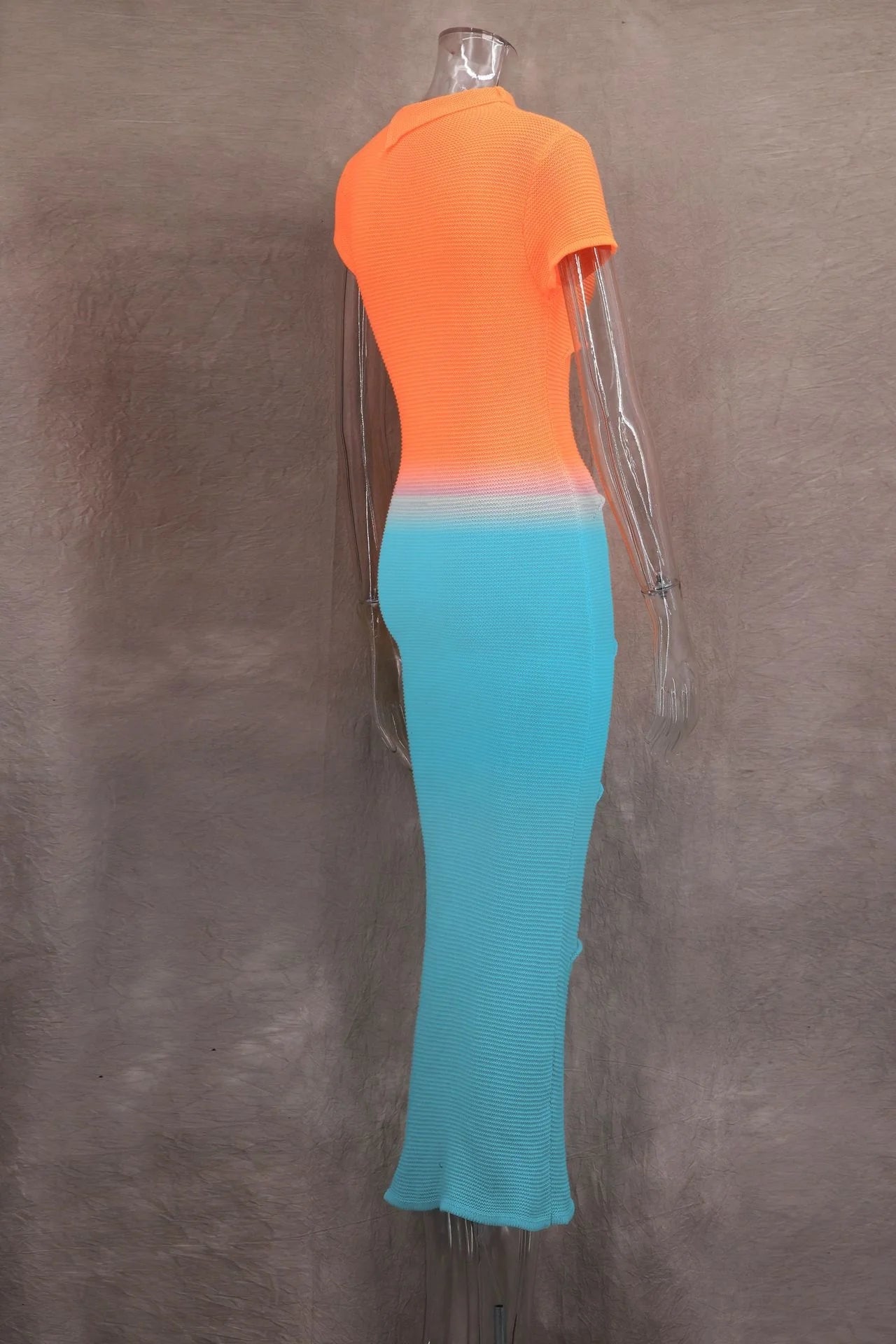 Sexy Knitted Gradient Orange Blue Hollow Out Maxi Dress Women Fashion Short Sleeve Skinny Stretch Tassel Y2K Birthday Long Dress