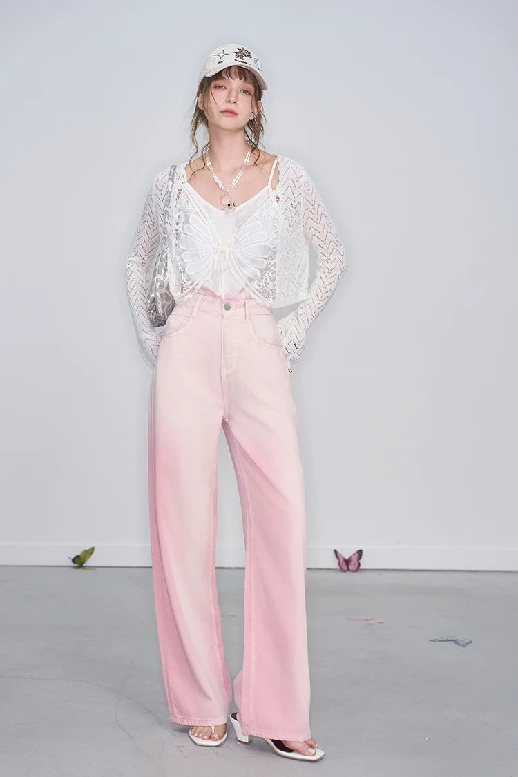 ELFSACK 2025 Spring New Arrivals Y2K Raw Edge High Waist Pink Gradient Jeans Women Sweet Wide Leg Pants