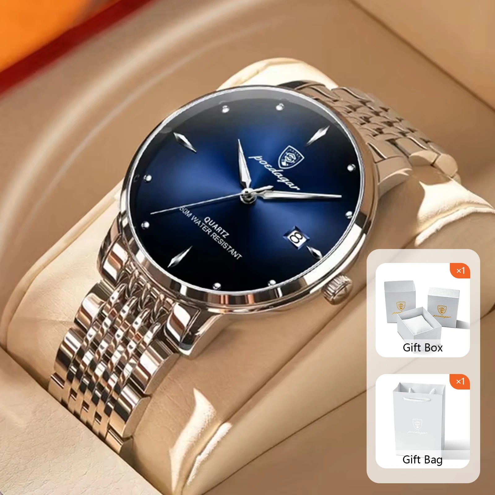 POEDAGAR Business Men's Watches Stainless Steel Date Men Watch Waterproof Luminous Fashion Casual Quartz Man Wristwatch+Gift Box