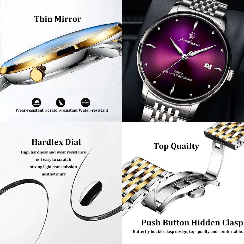 POEDAGAR Business Men's Watches Stainless Steel Date Men Watch Waterproof Luminous Fashion Casual Quartz Man Wristwatch+Gift Box