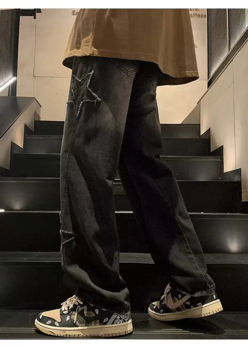 Star Embroidery Straight Casual Men Jeans Gothic Neutral New Wide Leg Loose Hip-hop Streetwear Denim Trousers Y2K pants man