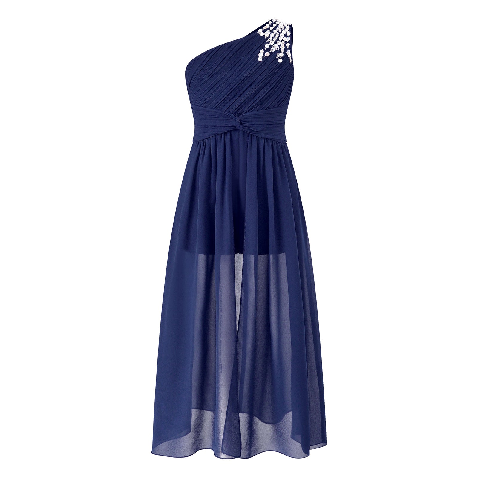 6-16Y Kids Girls Elegant Shiny Beaded Party Dress One Shoulder Ruched Jumpsuit Skirt Princess Wedding Birthday Evening Prom Gown