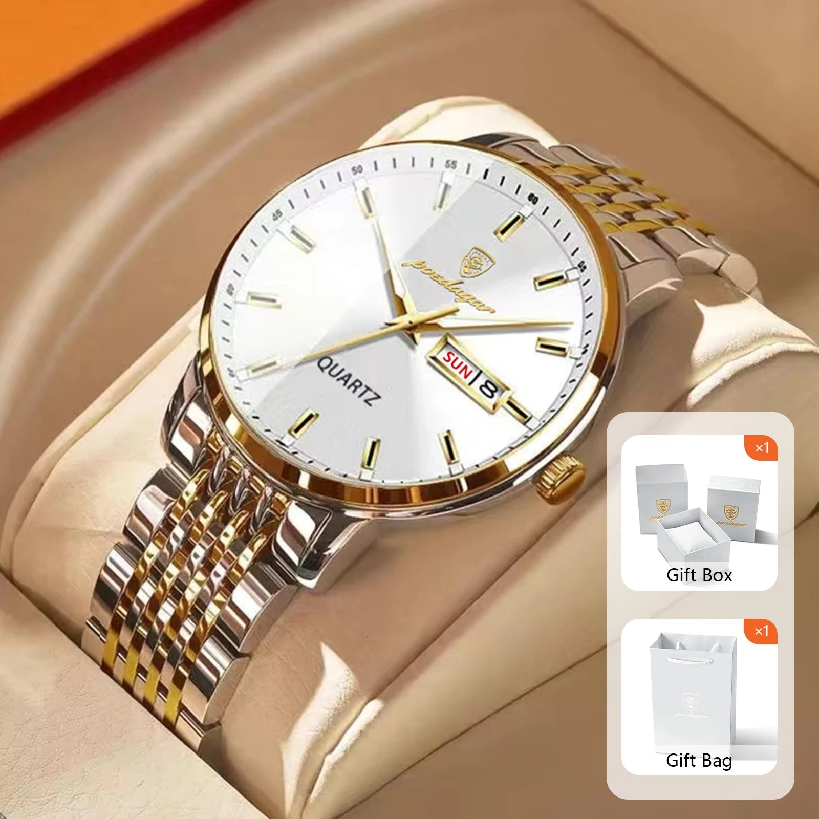 POEDAGAR Business Men's Watches Stainless Steel Date Men Watch Waterproof Luminous Fashion Casual Quartz Man Wristwatch+Gift Box