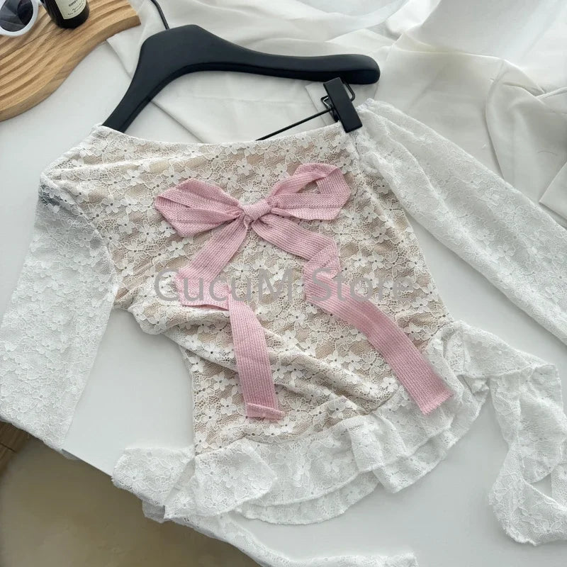 2024 New Korean Fashion Sweet T-shirts Sexy Long Sleeve Bowk Lace Tee Shirt Y2K Streetwear Female Clothing Irregular Tops Chic
