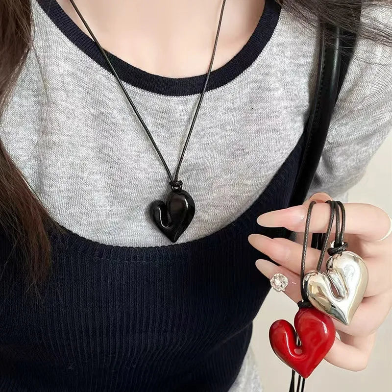 New Heart Pendant Necklace for Women Men 85CM Adjustable Pull-out Sweater Chain Fashion Jewelry Accessory Gift