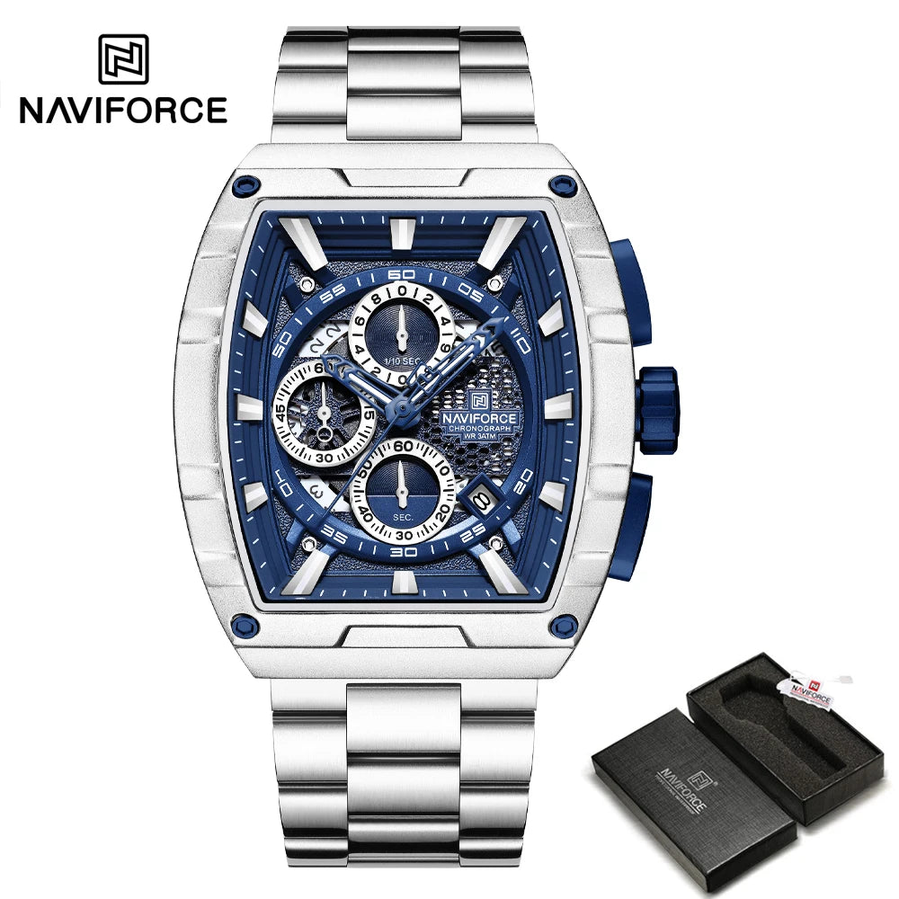 NAVIFORCE Luxury Chronograph Quartz Watch for Men Fashion Tonneau Stainless Steel Man Watches Waterproof Luminous WristWatch