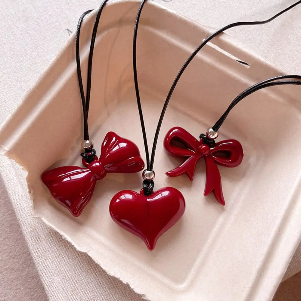 Casual Christmas Red Bow Necklace Jewelry Love Necklace Personalized Gifts Heart Pendant Creative Sweater Chain For Women Girls