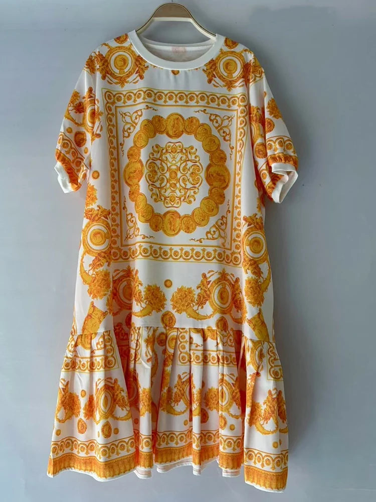 Elegant temperament geometric printing short-sleeved loose dress 2025 summer women's new stitching hem casual straight skirt